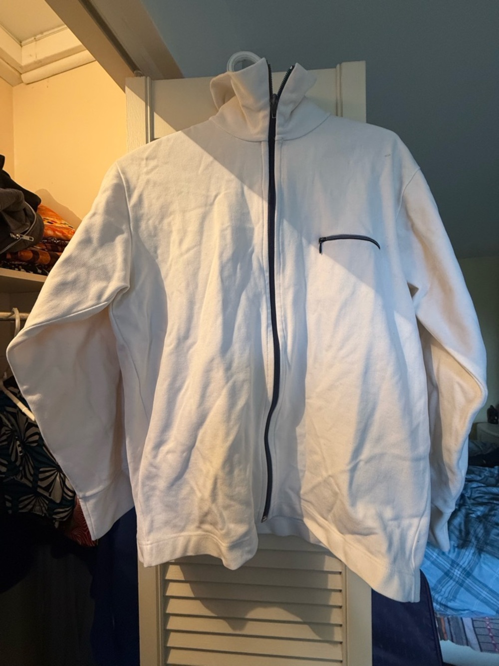 White Full-Zip Mock Neck Jacket with Black Trim